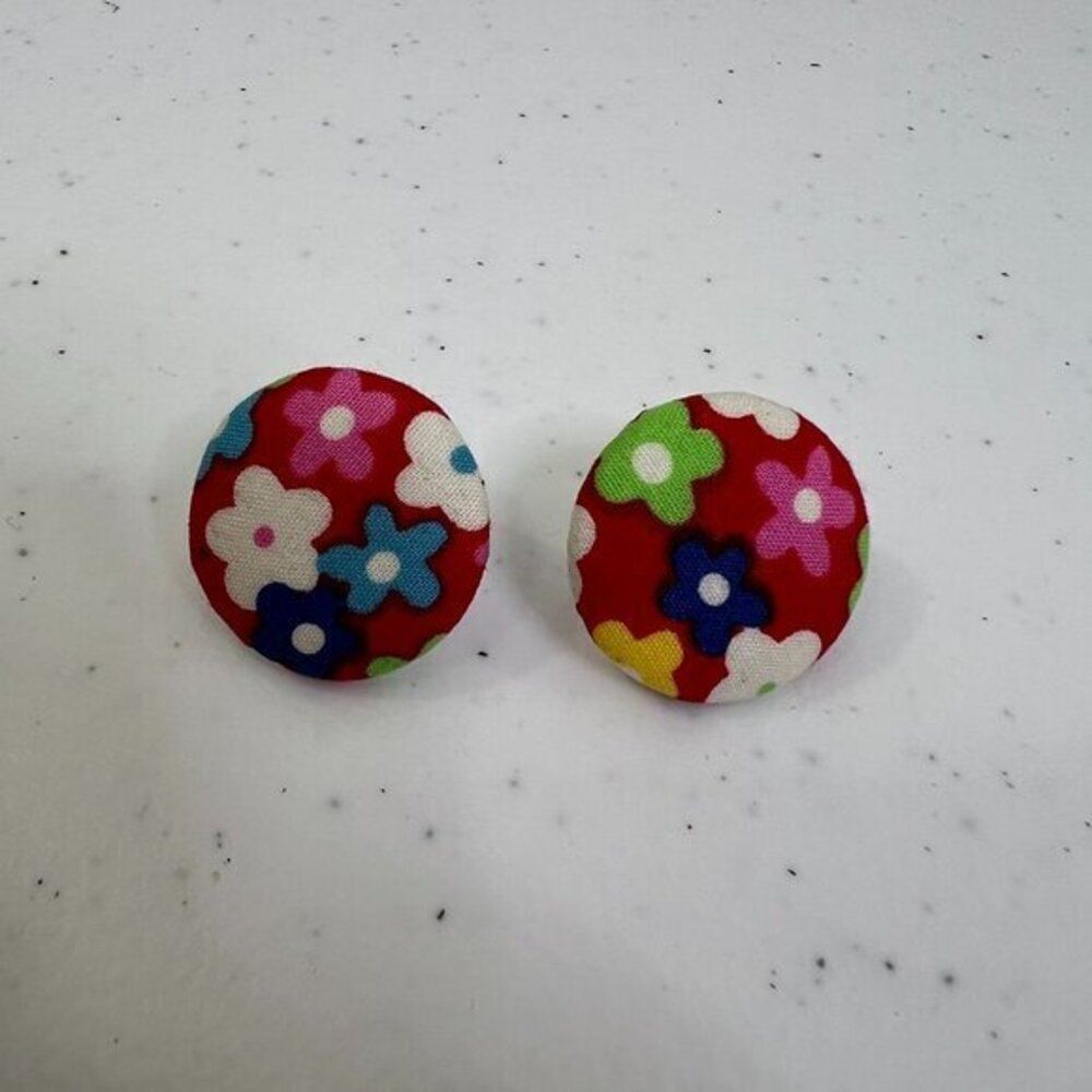 Vintage Fabric Button Earrings Stud Red Blue Retro 60s Style White Pink Boho‎